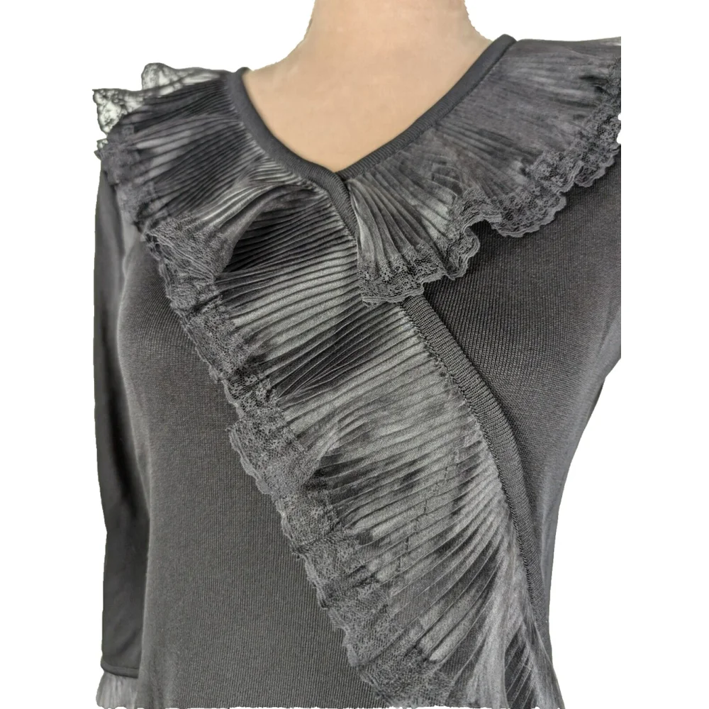 Exclusively Misook Pleated Ruffle Trim Black Faux Wrap Top Goth Grunge XS
